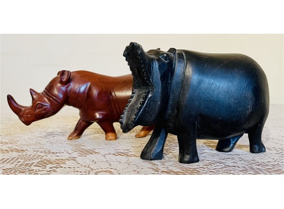 2 Carved Wood African Rhino & Hippo