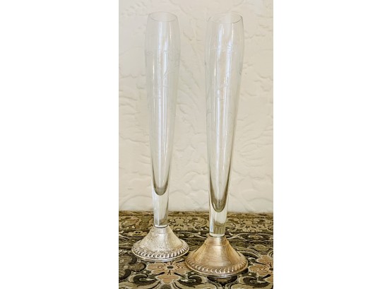 2 Vintage Duchin Creations Etched Crystal & Weighted Sterling Silver Base Bud Vases