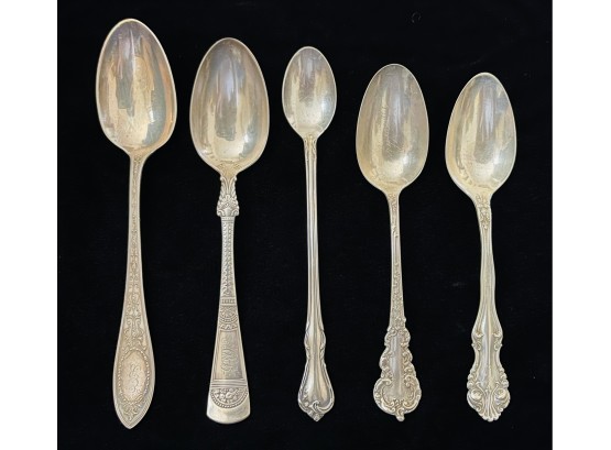 5 Antique Sterling Silver Spoons Various Patterns -3.74 Oz