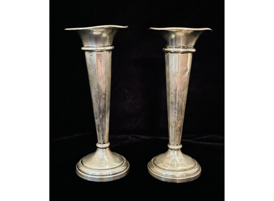 Pair Of Antique Weighted Sterling Trumpet Bud Vases