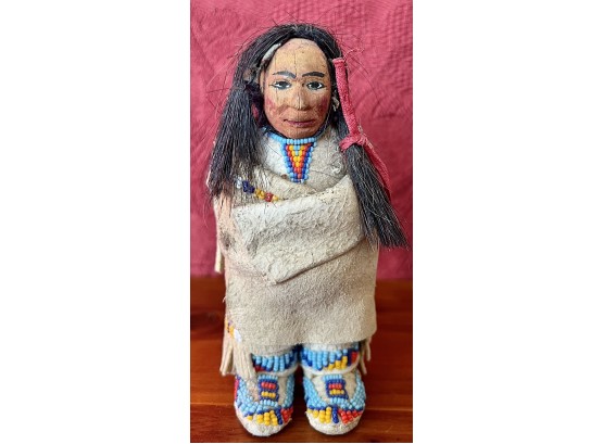 Early Handmade Native American 5.5' Doll With Real Hair And Leather