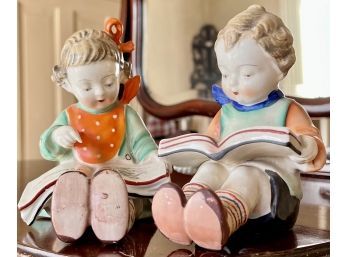 (2) Seated Children With Books Vintage Porcelain Figures, Made In Japan, 6' Tall