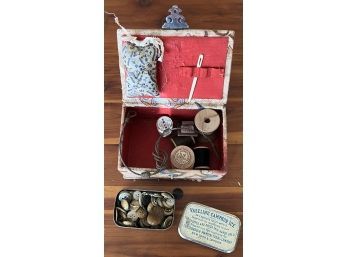 Small Antique Mini Sewing Trunk With Notions