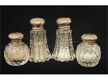 4 Pc. Sterling Silver Lidded With Glass Bases Salt & Pepper Shakers