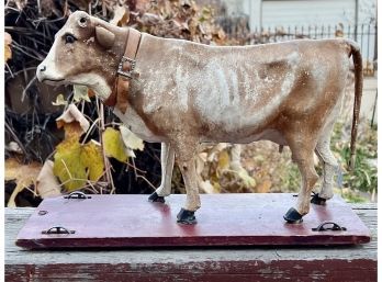 Wonderful Antique Leather Over Wood Cow Toy On Rolling Base, 9' Tall