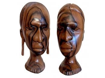 2 Carved Wood African Busts