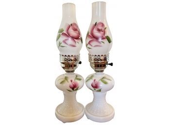 2 Vintage Milk Glass Electric Hurricane Lamps With Rose Accents, 17'