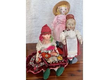 Three Vintage Dolls, (2) In Traditional Costumes From Europe, (1) Soft Bosy With Straw Hat