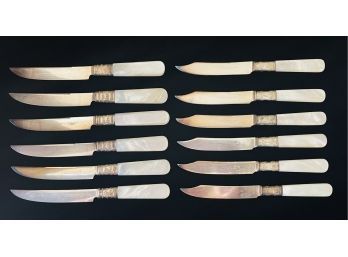 12 Antique Landers , Frary & Clark AETNA Works MOP Knives With Sterling Band