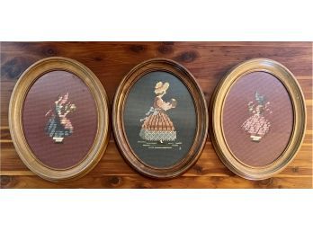 Three Needlepoint Pictures In Oval Frames