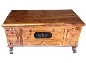 Beautiful Antique Cedar Trunk With Hand Painted Front Inset