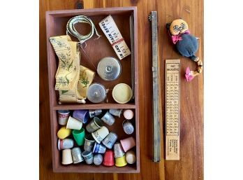 Antique Sewing Notions With Thimbles, Measuring Tapes And More