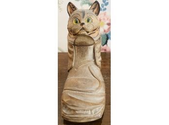 Interesting Antique Carved Wood Shoe With Cat Inkwell Holder