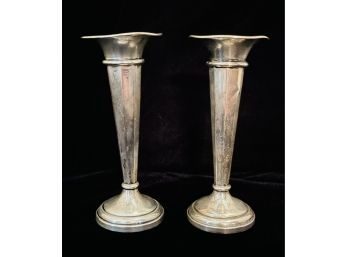 Pair Of Antique Weighted Sterling Trumpet Bud Vases