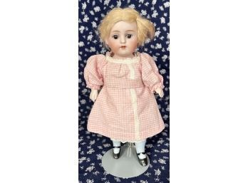 Antique Bisque Doll, Unmarked, With Articulated Body, Blonde Mohair And Sleep Eyes, 9 Tall