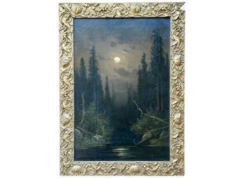 Original Antique Landscape By Frederick Ferdinand Schafer (1839-1927) Titled Moonlight On Truckee River Cala.
