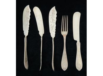 5 Antique Coin Silver (900) Specialty Knives & 1 Fork 6.0 Oz.