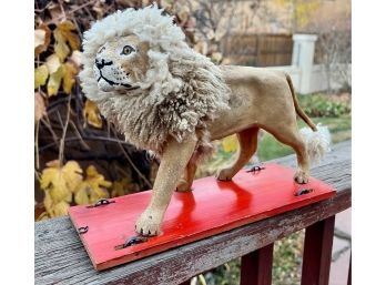 Wonderful Antique Leather Over Wood Lion Toy On Rolling Base, 9' With Painted Face
