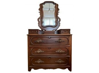 Antique Walnut Dresser With Mirror, Carved Handles, And Keys