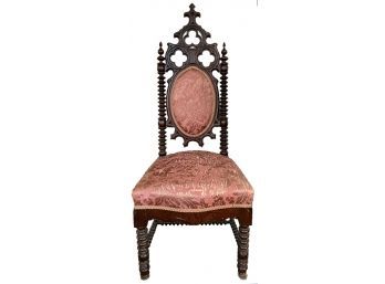 Antique Gothic Revival Chair With Ornately Carved Wood And Original Pink Satin Brocade Fabric