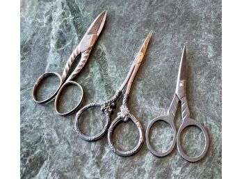 (3) Antique Scissors Including Small German Pair With Ornate Sterling Handle, And One 'queen's Cutlery'