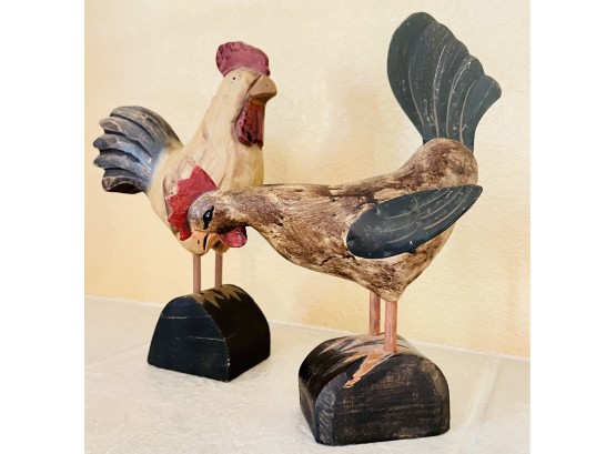 Pair Of Carved Wood/Metal Hen & Rooster