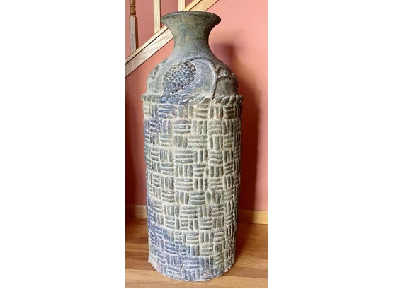 Large Pottery Vase With Basket Weave Design & Grapes
