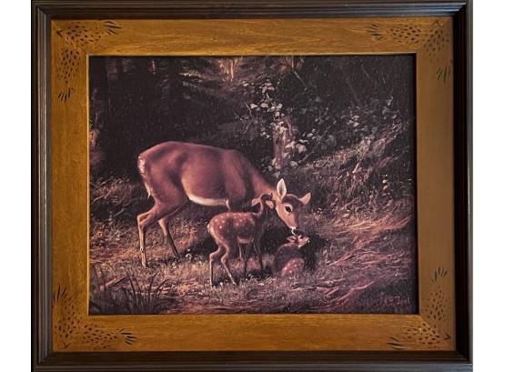 Framed Picture On Canvas 'doe With 2 Fawns'