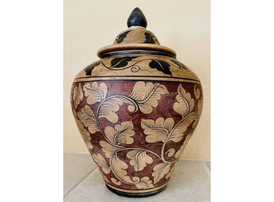 Decorative Clay Lidded Jar With Floral Design