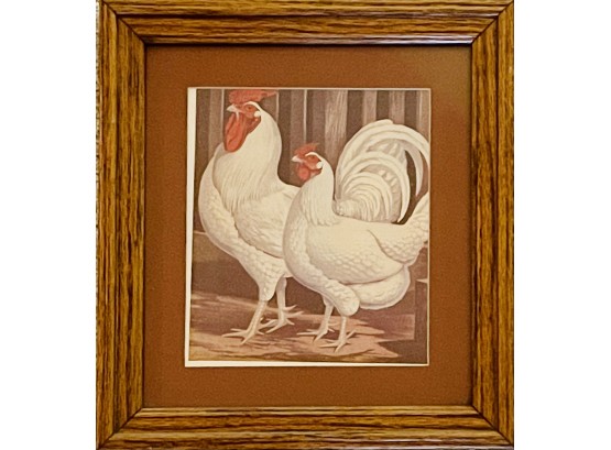 Framed White Hen With Rooster Print In Oak Frame