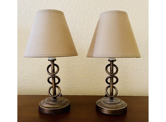 2 Small Metal Accent Lamps With Tan Shades