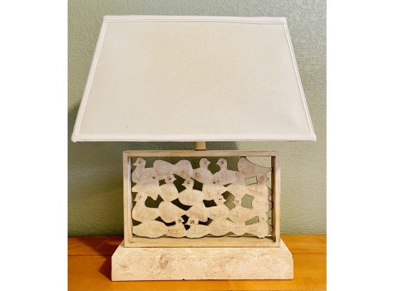 Metal Open Bird Design Table Lamp With Stone Base & Rectangle Linen Shade
