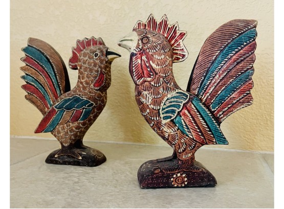 Pair Of Folk Art Painted Hen And Rooster