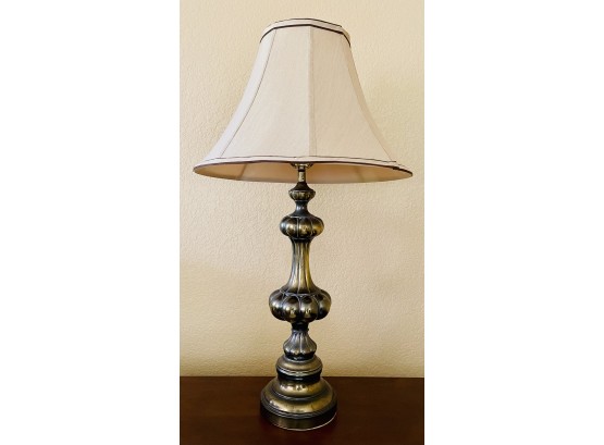 Antique Brass Finish Table Lamp- Tan With Silk Shade