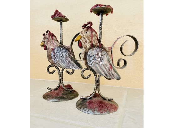 2 Wood/metal Rooster Candle Holders