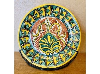 Yellow Rimmed Talavera Plate With Metal Stand