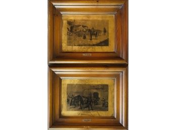 2 Vintage Brass Etched Pictures From Spain In Wood Frames