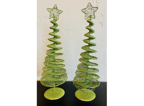 Two Green Glitter Metal  Swirl Trees