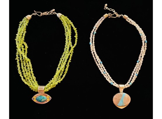 2 Multi-strand Necklace- 1 With 5 Strands Of Peridot & 925 Pendant With Turquoise
