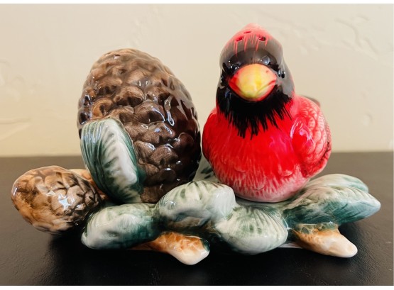 Pine Cone And Cardinal Ceramic Salt And Pepper With Leaf Stand