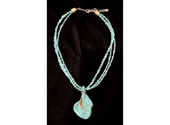 3 Strand 18' Seed Turquoise Necklace With 2' Turquoise Stone Pendant