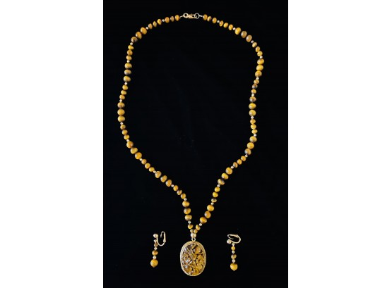 Tiger's Eye Bead Necklace With Carved Pendant & Earrings