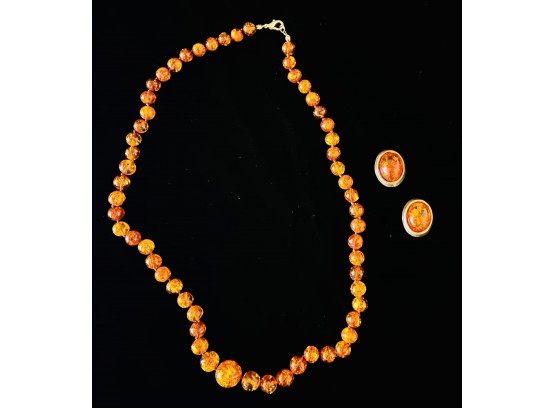 Graduated Amber Beads Necklace With 925 Clip On Amber Earrings