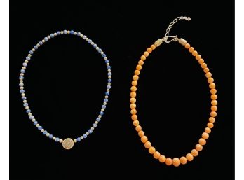 2 Natural Stone Bead Necklaces- 1 Blue, 1 Peach Both With 925 Clasps