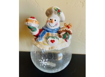 Clear Base Snowman Cookie Jar With Ceramic Lid