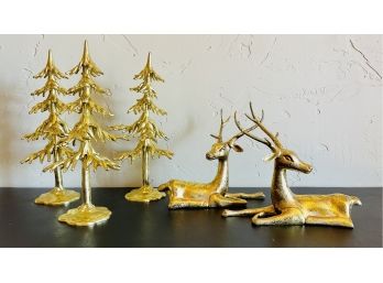 12' Gold Tone Plastic Decorative Trees With 2 Gold Tone Resting Deers