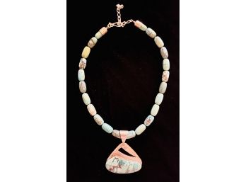 18' Turquoise Necklace With Chunky Beads & Large 925 Inlayed Pendant & 925 Clasp