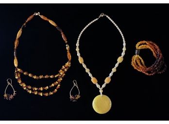 Amber Seed Necklace, Bracelet & Earrings And Faux Pearl W/yellow Accents By Lee Sands