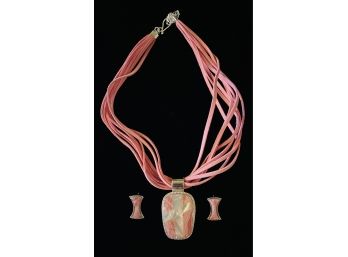 Rhodochrosite Set On Pink Multi-strand Leather Necklace And Inlayed 925 Pendant & 925 Earrings