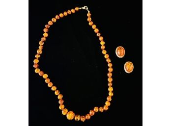 Graduated Amber Beads Necklace With 925 Clip On Amber Earrings